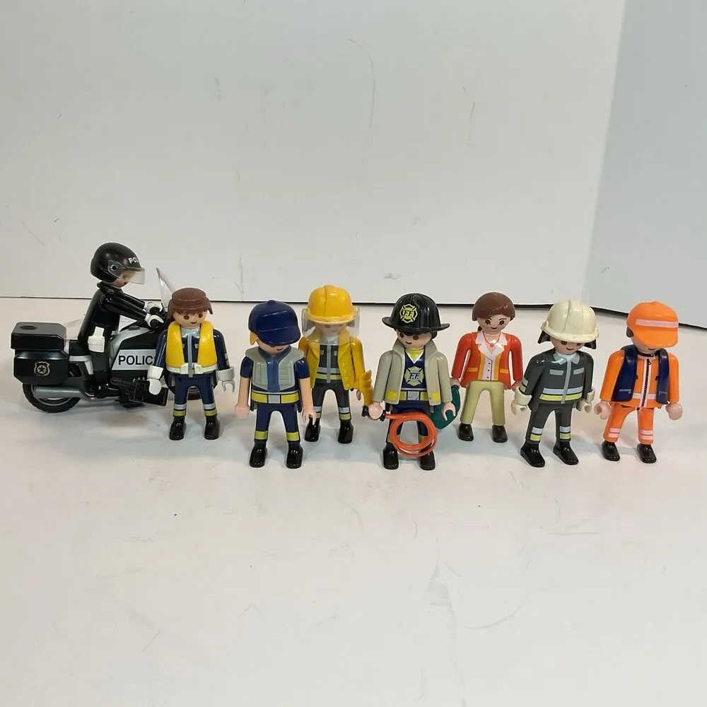 LOT of 8 PLAYMOBIL + Motorcycle Firefighter Police Construction Workers People